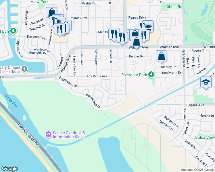 map of restaurants, bars, coffee shops, grocery stores, and more near 17322 Wareham Lane in Huntington Beach