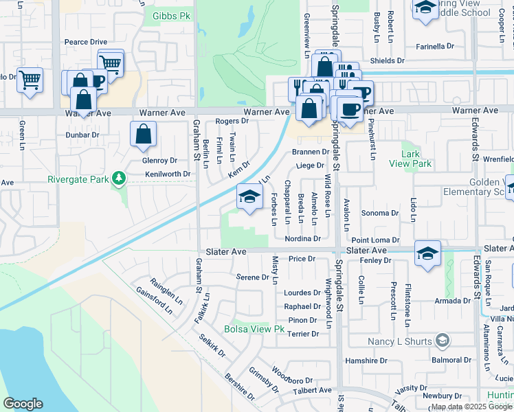 map of restaurants, bars, coffee shops, grocery stores, and more near 5691 Tilburg Drive in Huntington Beach