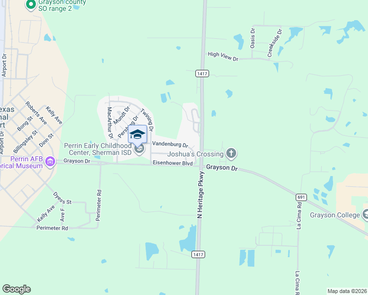 map of restaurants, bars, coffee shops, grocery stores, and more near 130 Knob Hill Loop in Denison