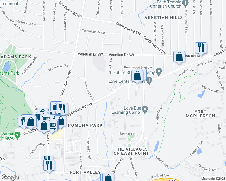 map of restaurants, bars, coffee shops, grocery stores, and more near 1829 Campbellton Road Southwest in Atlanta