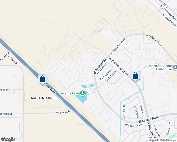 map of restaurants, bars, coffee shops, grocery stores, and more near West Asante Boulevard in Surprise