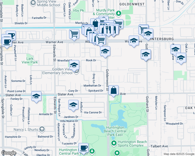 map of restaurants, bars, coffee shops, grocery stores, and more near 17341 Gibson Circle in Huntington Beach