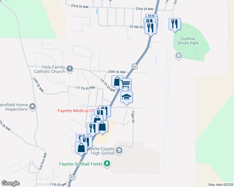 map of restaurants, bars, coffee shops, grocery stores, and more near U.S. 43 in Fayette