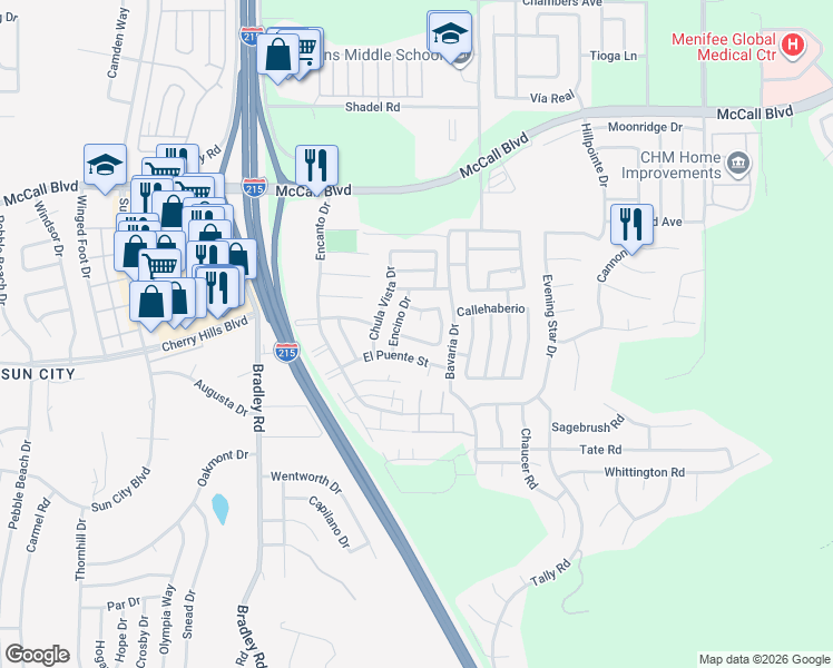 map of restaurants, bars, coffee shops, grocery stores, and more near 27328 Calle Palo in Menifee