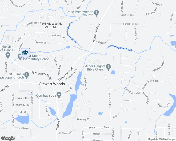 map of restaurants, bars, coffee shops, grocery stores, and more near 3450 Long Lake Drive in Douglasville