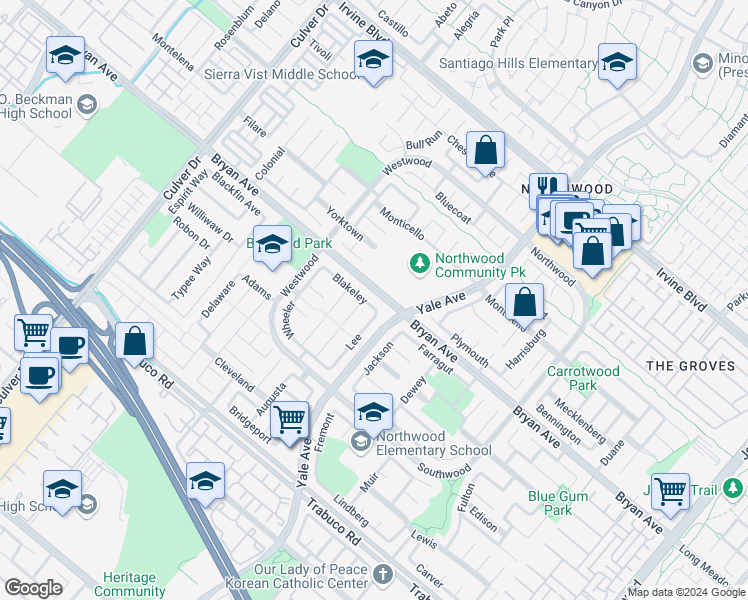 map of restaurants, bars, coffee shops, grocery stores, and more near 10 Blakeley in Irvine