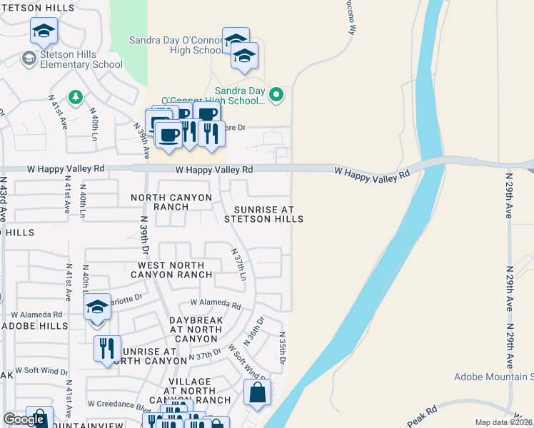 map of restaurants, bars, coffee shops, grocery stores, and more near 3544 West Chama Drive in Glendale