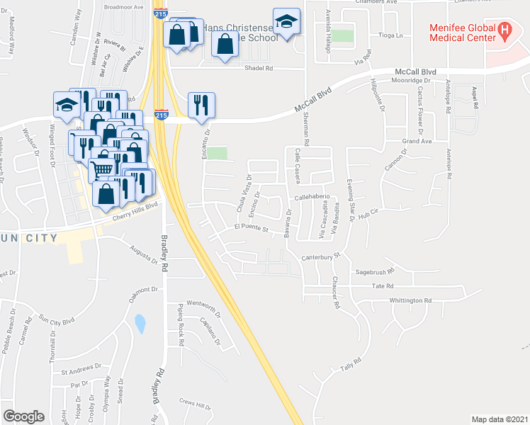map of restaurants, bars, coffee shops, grocery stores, and more near 27328 Calle Palo in Menifee