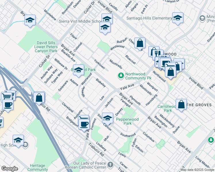 map of restaurants, bars, coffee shops, grocery stores, and more near 10 Blakeley in Irvine