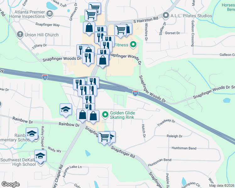 map of restaurants, bars, coffee shops, grocery stores, and more near 2613 Pleasant Wood Drive in Decatur