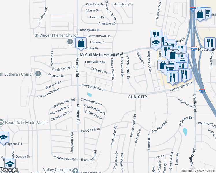 map of restaurants, bars, coffee shops, grocery stores, and more near 26288 Cherry Hills Boulevard in Menifee