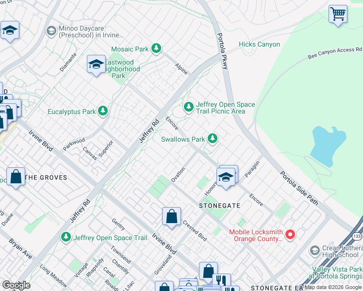 map of restaurants, bars, coffee shops, grocery stores, and more near 71 Crestwick in Irvine