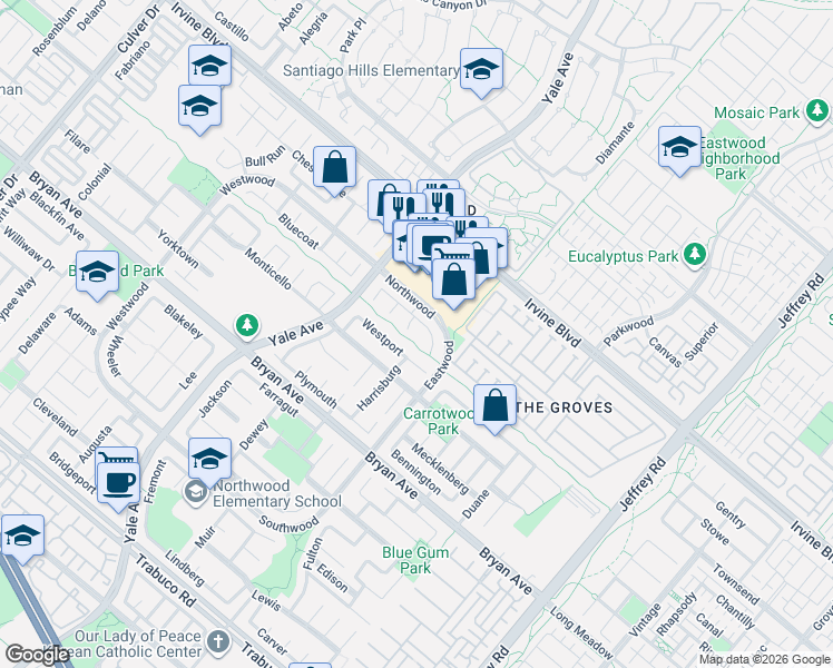 map of restaurants, bars, coffee shops, grocery stores, and more near 5 Copper Hill in Irvine