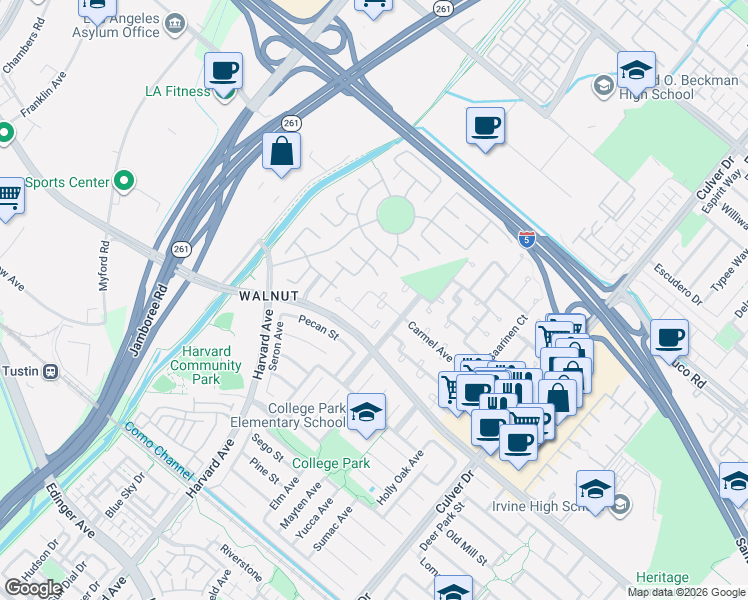 map of restaurants, bars, coffee shops, grocery stores, and more near 3545 Carmel Avenue in Irvine