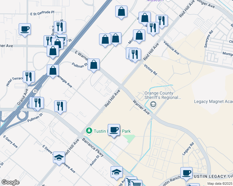 map of restaurants, bars, coffee shops, grocery stores, and more near in Santa Ana