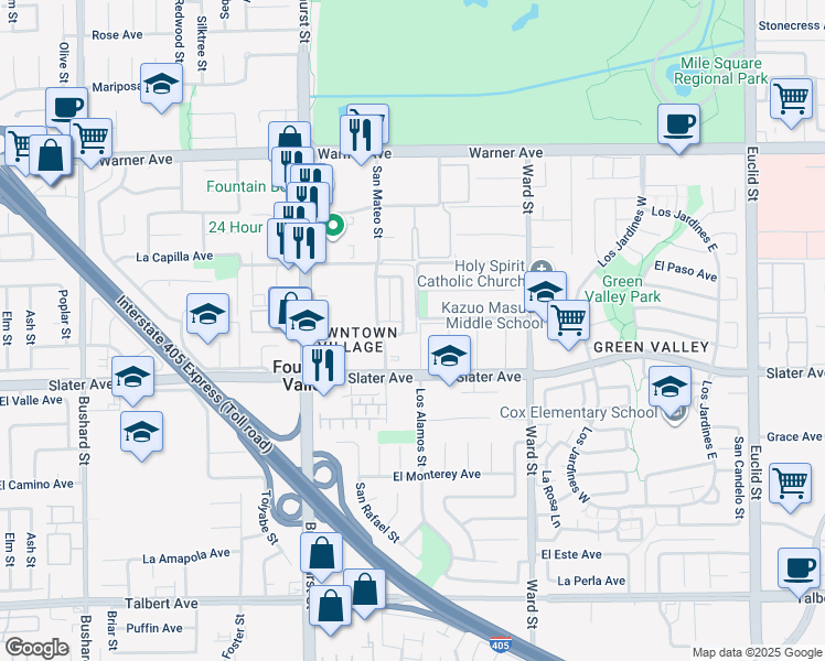 map of restaurants, bars, coffee shops, grocery stores, and more near 17371 San Luis Street in Fountain Valley