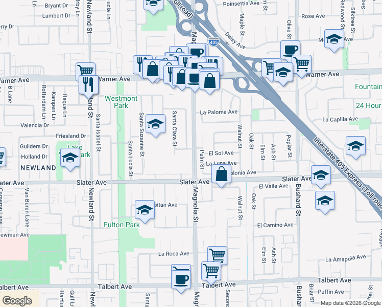 map of restaurants, bars, coffee shops, grocery stores, and more near 17334 Santa Barbara Street in Fountain Valley