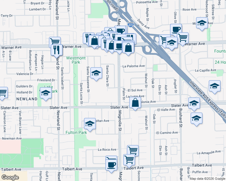 map of restaurants, bars, coffee shops, grocery stores, and more near 17334 Santa Barbara Street in Fountain Valley