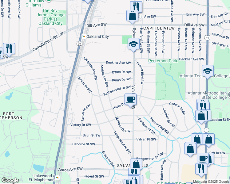 map of restaurants, bars, coffee shops, grocery stores, and more near 1608 Melrose Drive Southwest in Atlanta