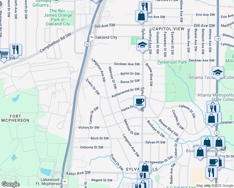 map of restaurants, bars, coffee shops, grocery stores, and more near 1608 Melrose Drive Southwest in Atlanta