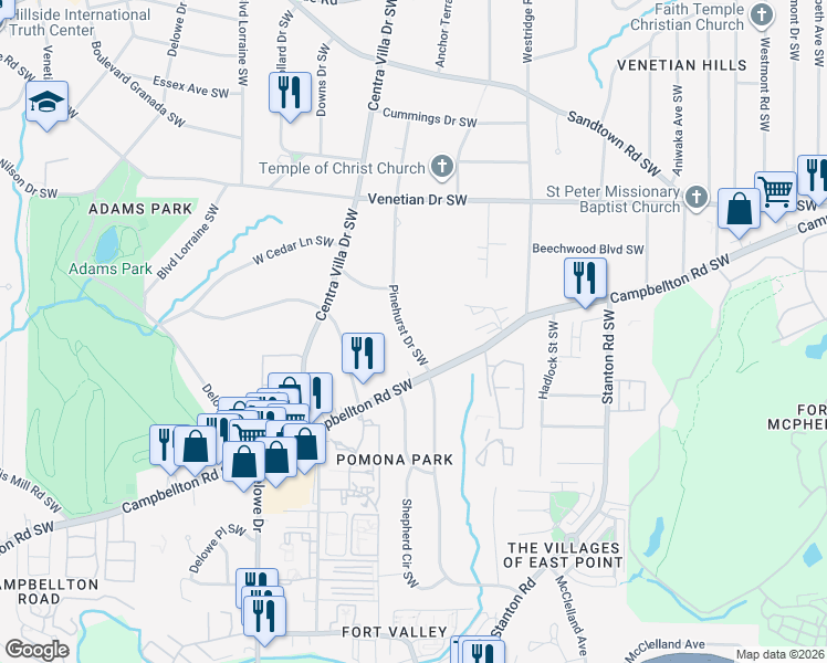 map of restaurants, bars, coffee shops, grocery stores, and more near 1660 Pinehurst Drive Southwest in Atlanta