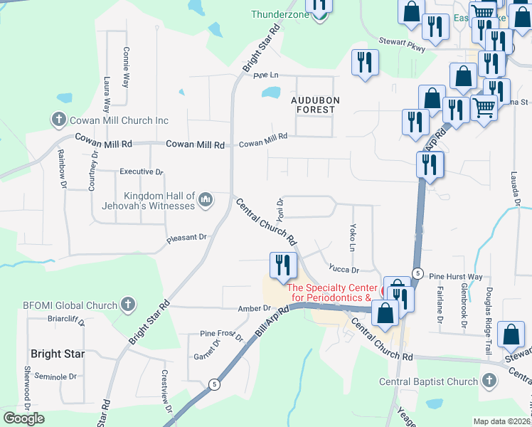 map of restaurants, bars, coffee shops, grocery stores, and more near 6260 Central Church Road in Douglasville