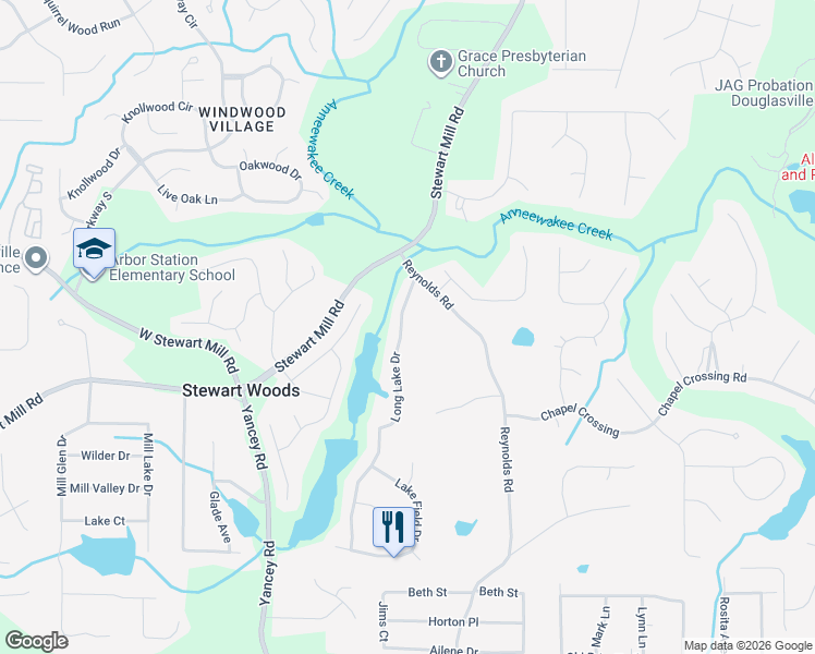 map of restaurants, bars, coffee shops, grocery stores, and more near 3450 Long Lake Drive in Douglasville