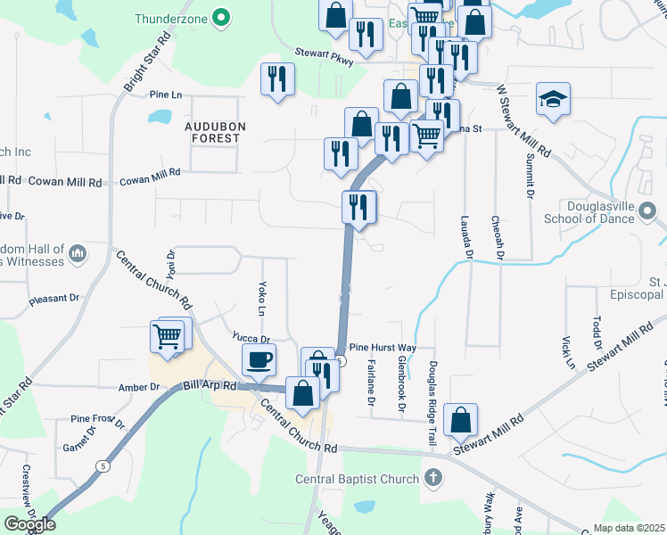 map of restaurants, bars, coffee shops, grocery stores, and more near 3497 Georgia 5 in Douglasville