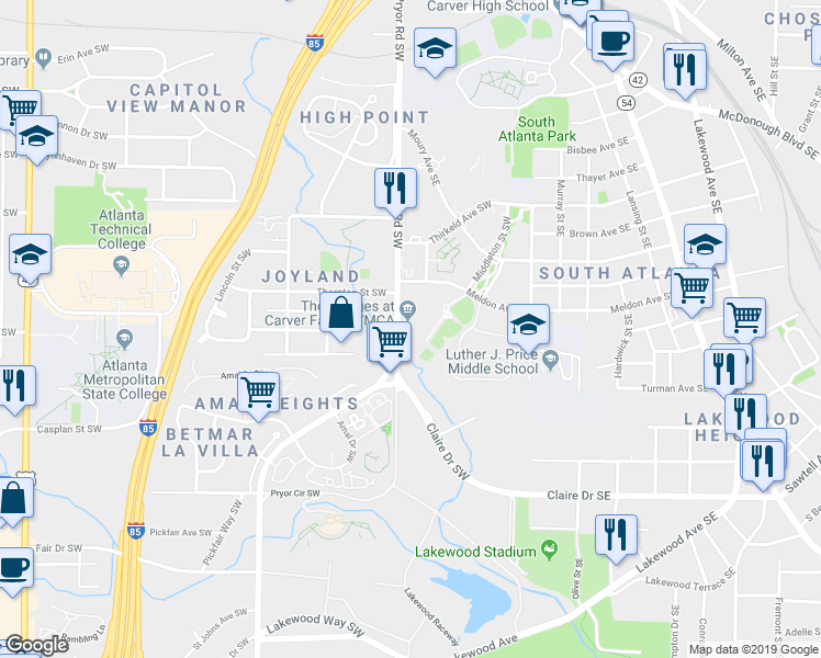 map of restaurants, bars, coffee shops, grocery stores, and more near 1600 Pryor Road Southwest in Atlanta