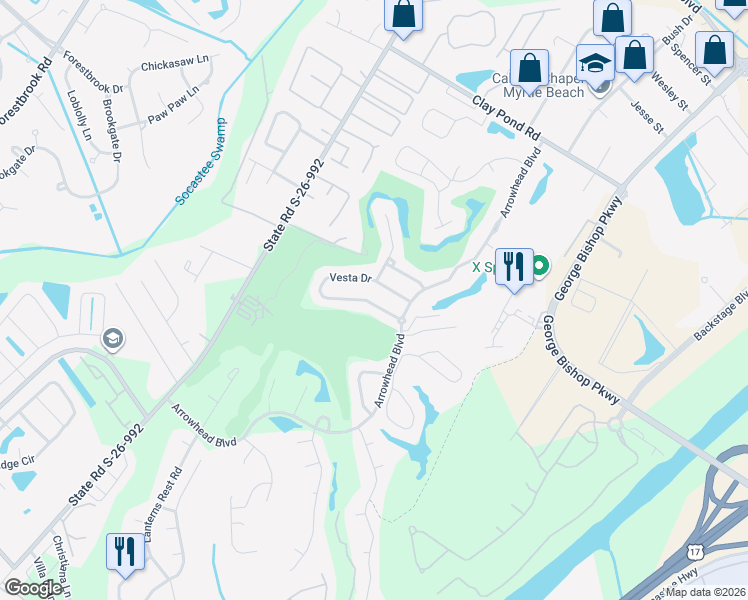 map of restaurants, bars, coffee shops, grocery stores, and more near 243 Vesta Drive in Myrtle Beach