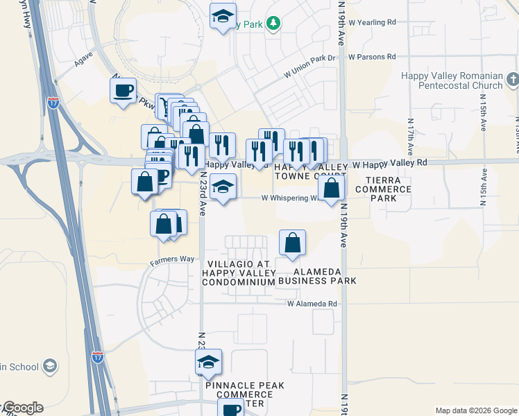 map of restaurants, bars, coffee shops, grocery stores, and more near 2117 West Whispering Wind Drive in Phoenix