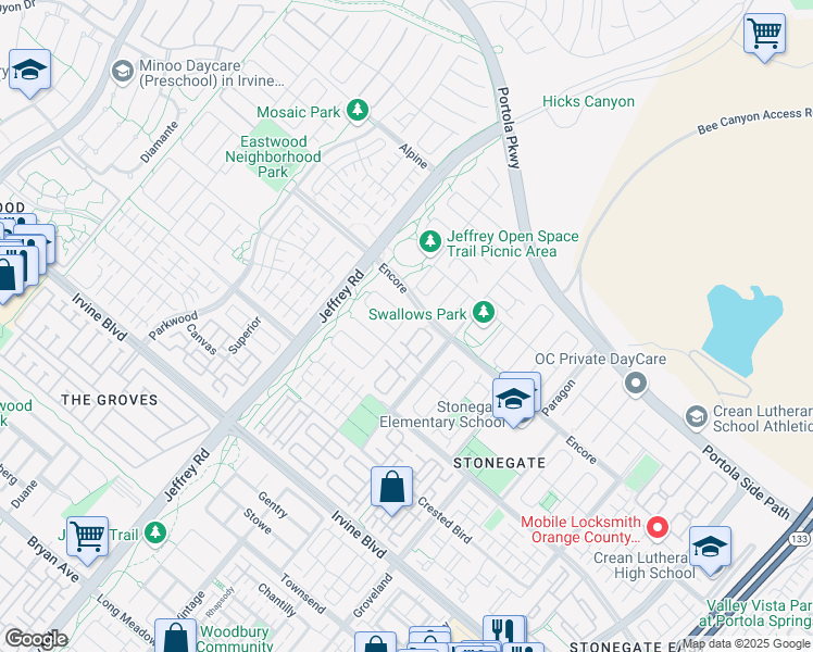 map of restaurants, bars, coffee shops, grocery stores, and more near 126 Saybrook in Irvine