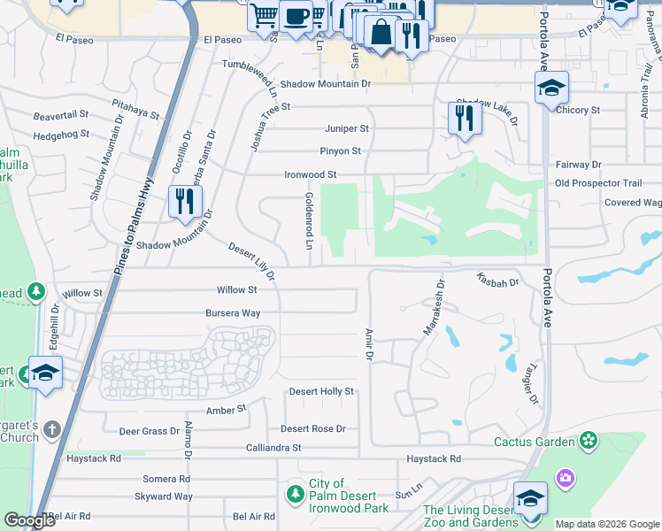 map of restaurants, bars, coffee shops, grocery stores, and more near 73374 Grapevine Street in Palm Desert