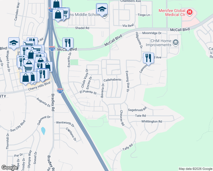 map of restaurants, bars, coffee shops, grocery stores, and more near 28255 Avenue Francesca in Menifee