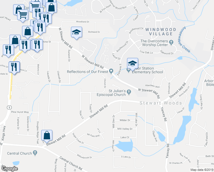 map of restaurants, bars, coffee shops, grocery stores, and more near 5485 Christi Drive in Douglasville