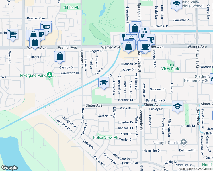map of restaurants, bars, coffee shops, grocery stores, and more near 5691 Tilburg Drive in Huntington Beach