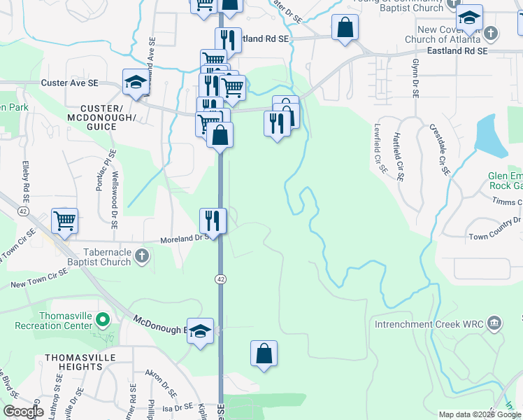 map of restaurants, bars, coffee shops, grocery stores, and more near 1056 Moreland Industrial Boulevard Southeast in Atlanta