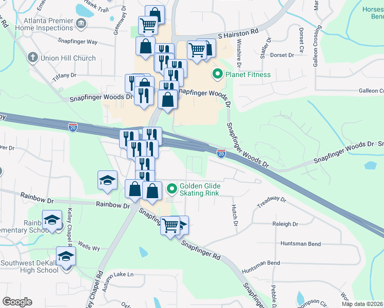map of restaurants, bars, coffee shops, grocery stores, and more near 2613 Pleasant Wood Drive in Decatur