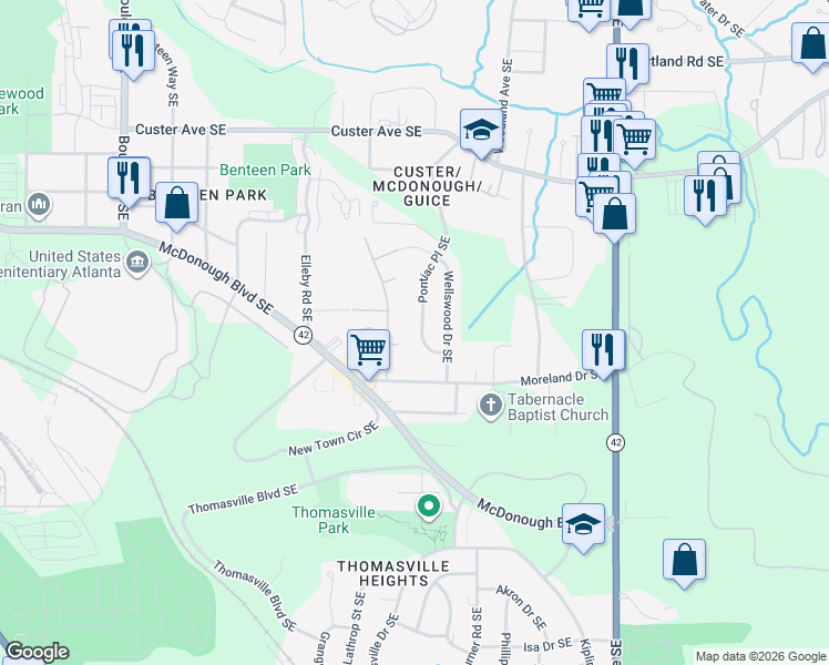 map of restaurants, bars, coffee shops, grocery stores, and more near 1615 Pontiac Place Southeast in Atlanta