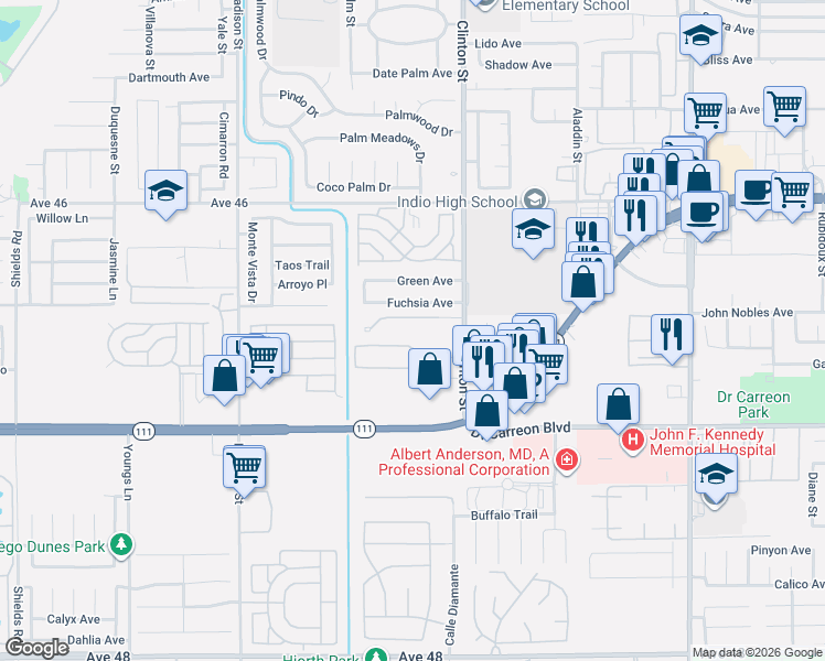 map of restaurants, bars, coffee shops, grocery stores, and more near 46575 Clinton Street in Indio