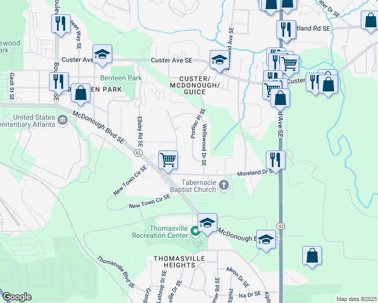 map of restaurants, bars, coffee shops, grocery stores, and more near 1615 Pontiac Place Southeast in Atlanta