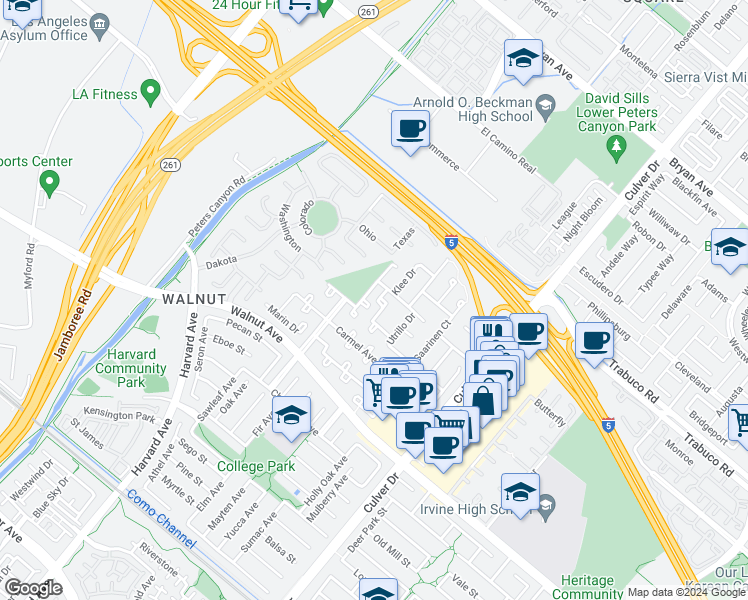 map of restaurants, bars, coffee shops, grocery stores, and more near 14252 East Mall Street in Irvine