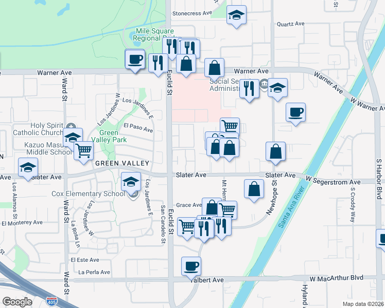 map of restaurants, bars, coffee shops, grocery stores, and more near 17401 Appalachian Street in Fountain Valley