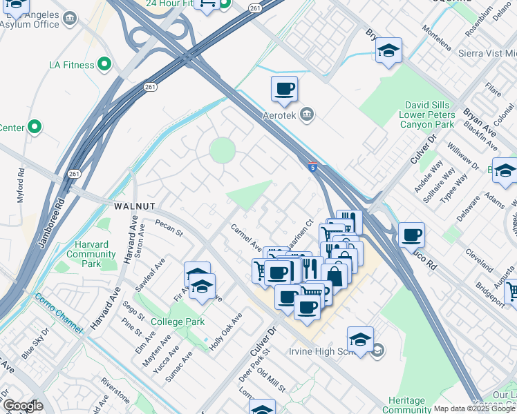 map of restaurants, bars, coffee shops, grocery stores, and more near 14252 East Mall Street in Irvine