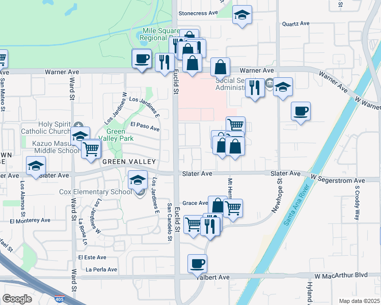map of restaurants, bars, coffee shops, grocery stores, and more near 17401 Hood Court in Fountain Valley