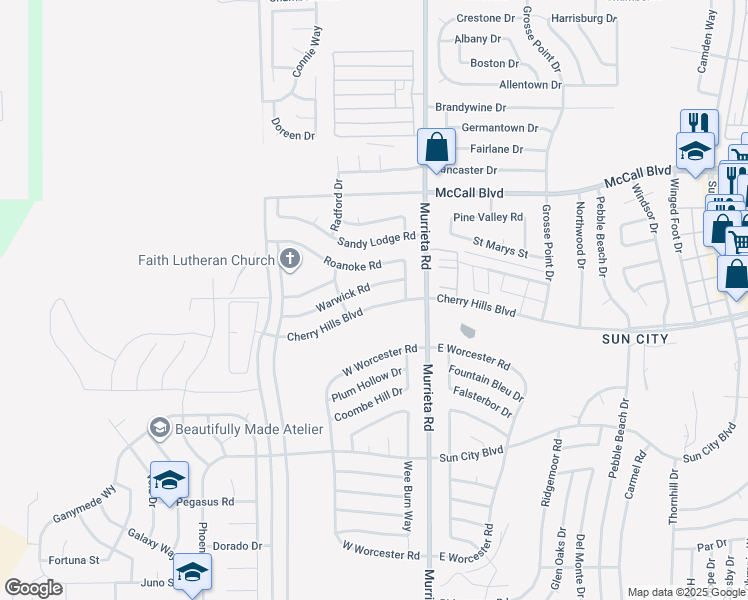 map of restaurants, bars, coffee shops, grocery stores, and more near 25840 Cherry Hills Boulevard in Menifee