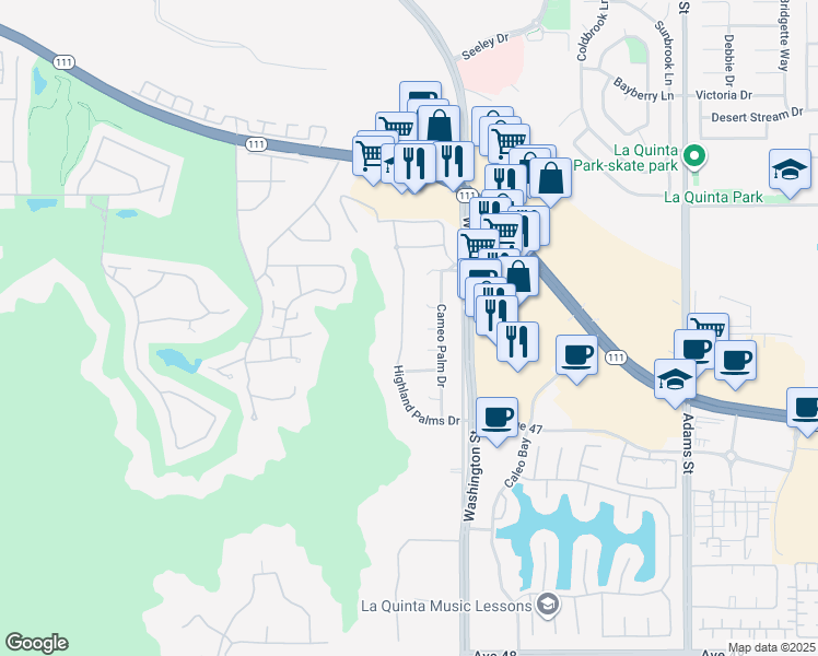 map of restaurants, bars, coffee shops, grocery stores, and more near 46614 Bradshaw Trail in La Quinta