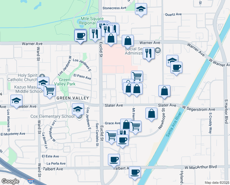 map of restaurants, bars, coffee shops, grocery stores, and more near 17401 Appalachian Street in Fountain Valley