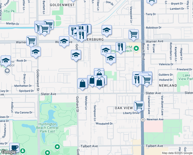 map of restaurants, bars, coffee shops, grocery stores, and more near 17311 Nichols Lane in Huntington Beach
