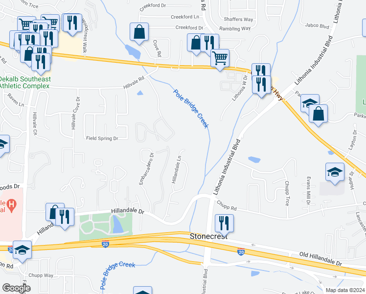 map of restaurants, bars, coffee shops, grocery stores, and more near 836 Hillandale Lane in Lithonia
